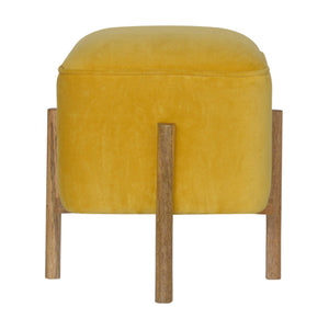 Mustard Velvet Footstool with Solid Wood Legs