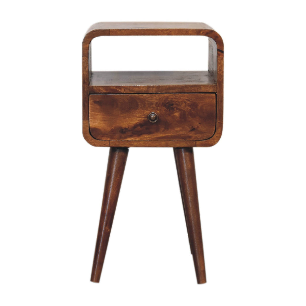 Mini Chestnut Curved Bedside Table with Open Slot