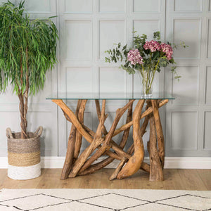 Sherwood Teak Root Console Table with Glass Top