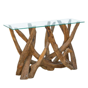 Sherwood Teak Root Console Table with Glass Top