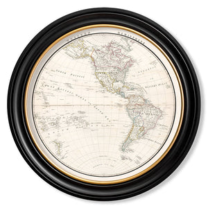 c.1838 World Map Hemispheres in Round Framed Print
